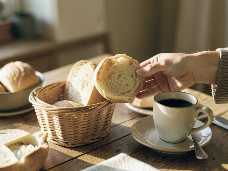 Pandebono caliente servido con un tinto en el desayuno