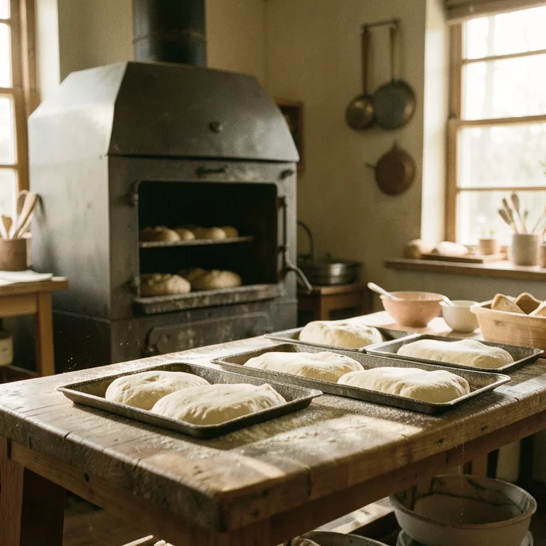 Obrador de la panadería con el horno y masas listas para hornear